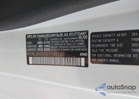 2002 Mercedes-Benz Clk 320 из США, поврежденный, VIN WDBLJ65G52T128155